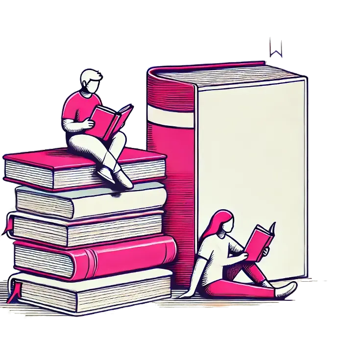 Illustration von zwei Personen, die Bücher lesen, als Symbol für Wissensvermittlung und Weiterbildung.