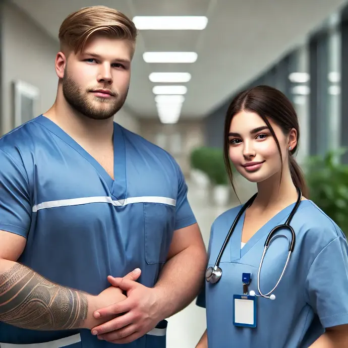 Männliche und weibliche Pflegekräfte in blauen Arbeitsuniformen, professionell und freundlich, im Flur eines modernen Krankenhauses.