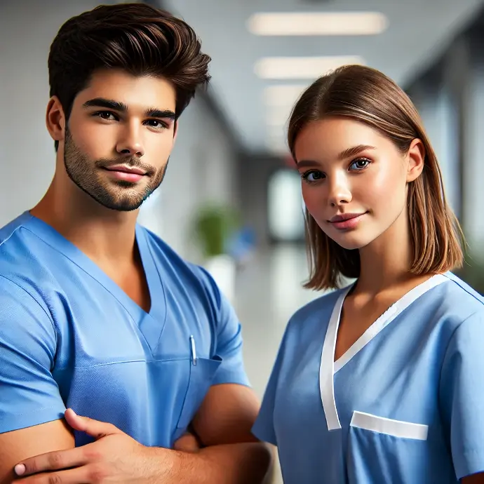 Männliche und weibliche Pflegekraft in blauen Scrubs, die freundlich und professionell in einem modernen Krankenhaus stehen.