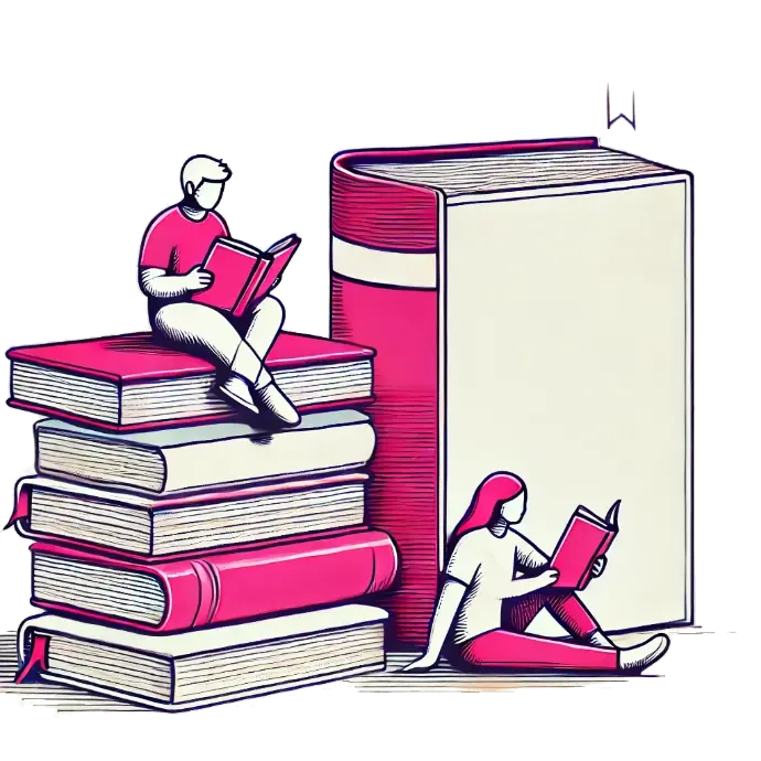 Illustration von zwei Personen, die Bücher lesen, als Symbol für Wissensvermittlung und Weiterbildung.