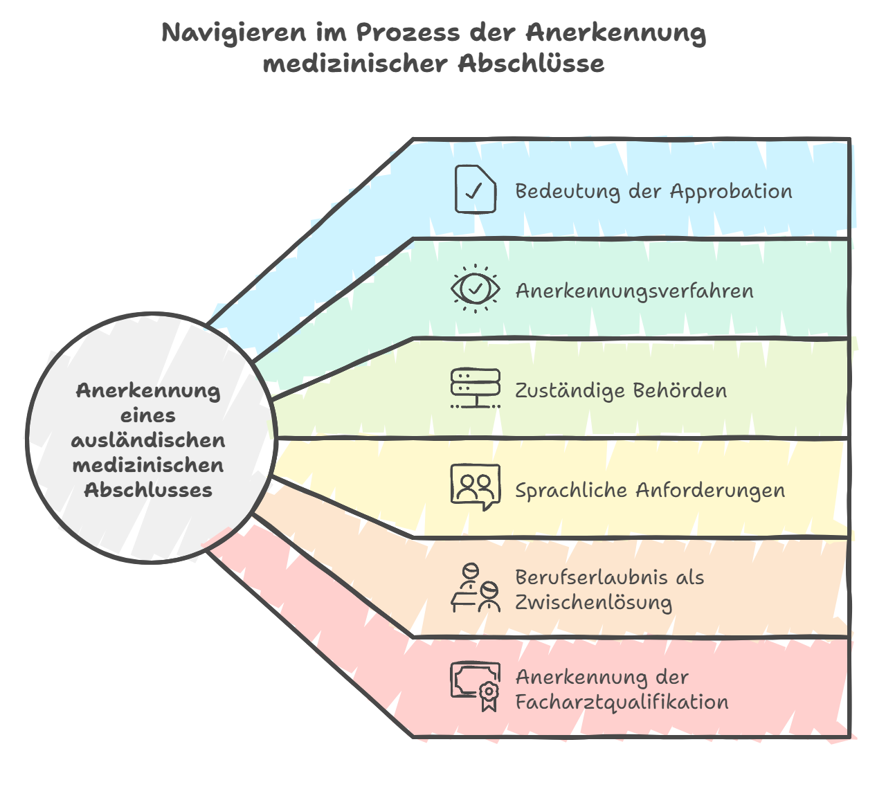 Navigieren im Prozess der Anerkennung medizinischer Abschlüsse: Approbation, Anerkennungsverfahren, zuständige Behörden, sprachliche Anforderungen, Berufserlaubnis, Facharztqualifikation.